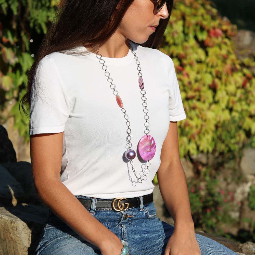 23.Calliope – Collana con Catena, Madreperla e Agate Striate